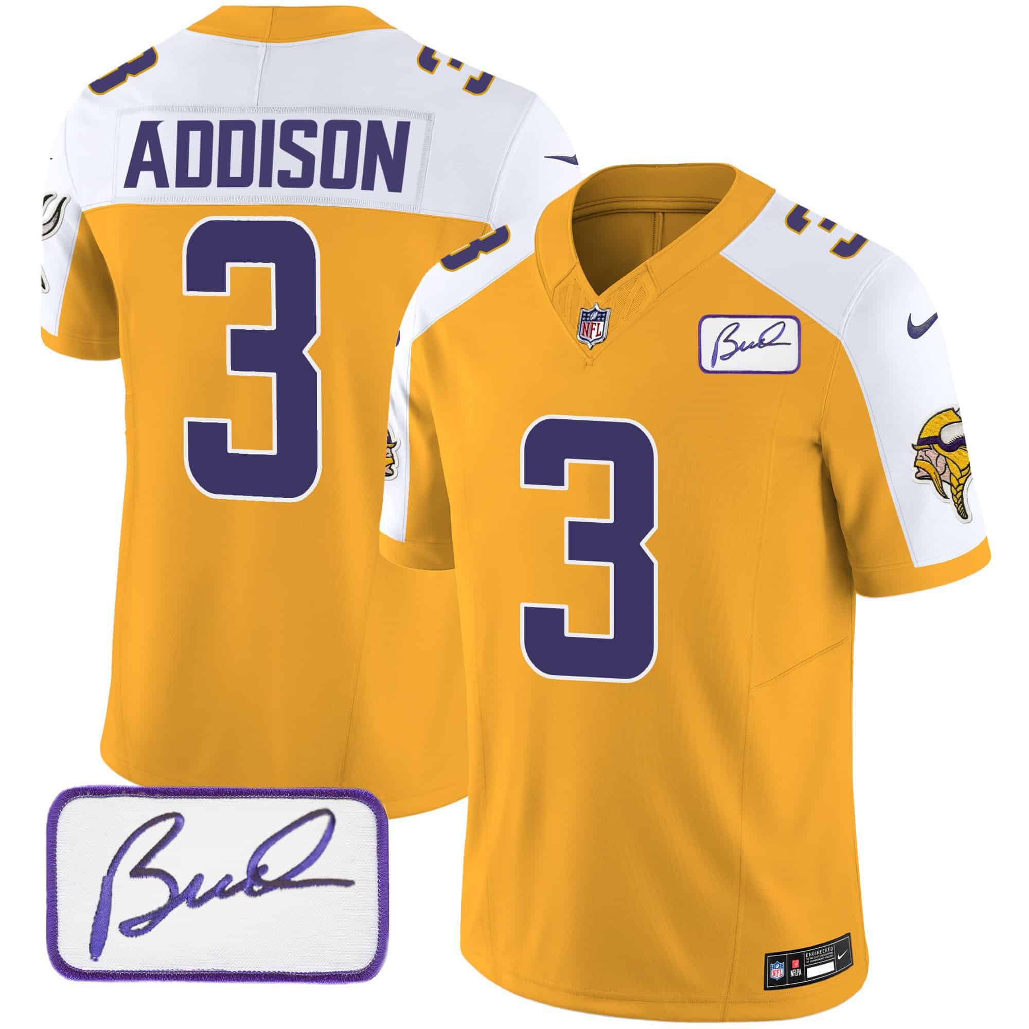 Men Minnesota Vikings #3 Addison Yellow 2024 Nike Bud Grant Patch Classic Limited NFL Jersey style 1->indianapolis colts->NFL Jersey